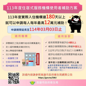 ▲住宿式服務機構使用者補助方案，申請期限延長至3月3日止。