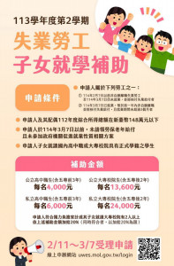 ▲113學年度第2學期「失業勞工子女就學補助」開始受理申請。