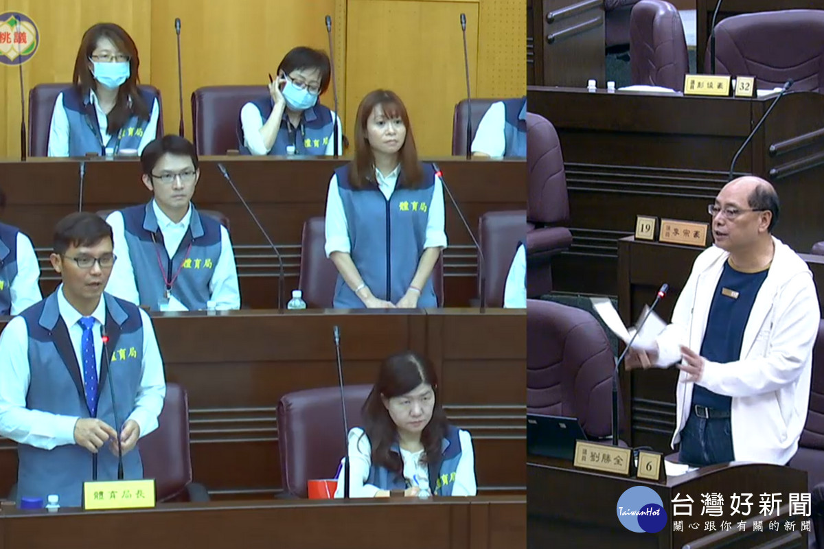 針對游泳及健身中心稽查，桃園市議員劉全質詢體育局長許彥輝。<br />
