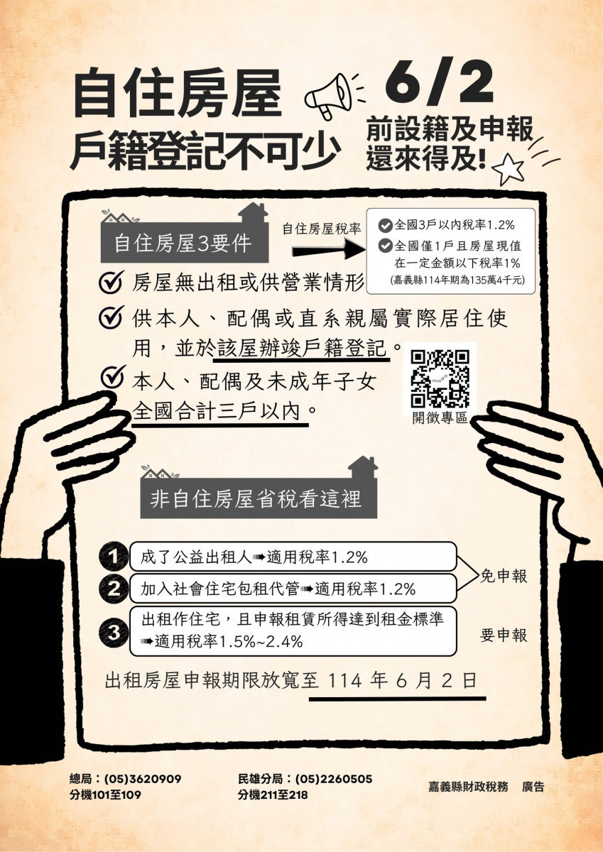 房屋稅2.0出租申報延長到6月2日／嘉義縣府提供
