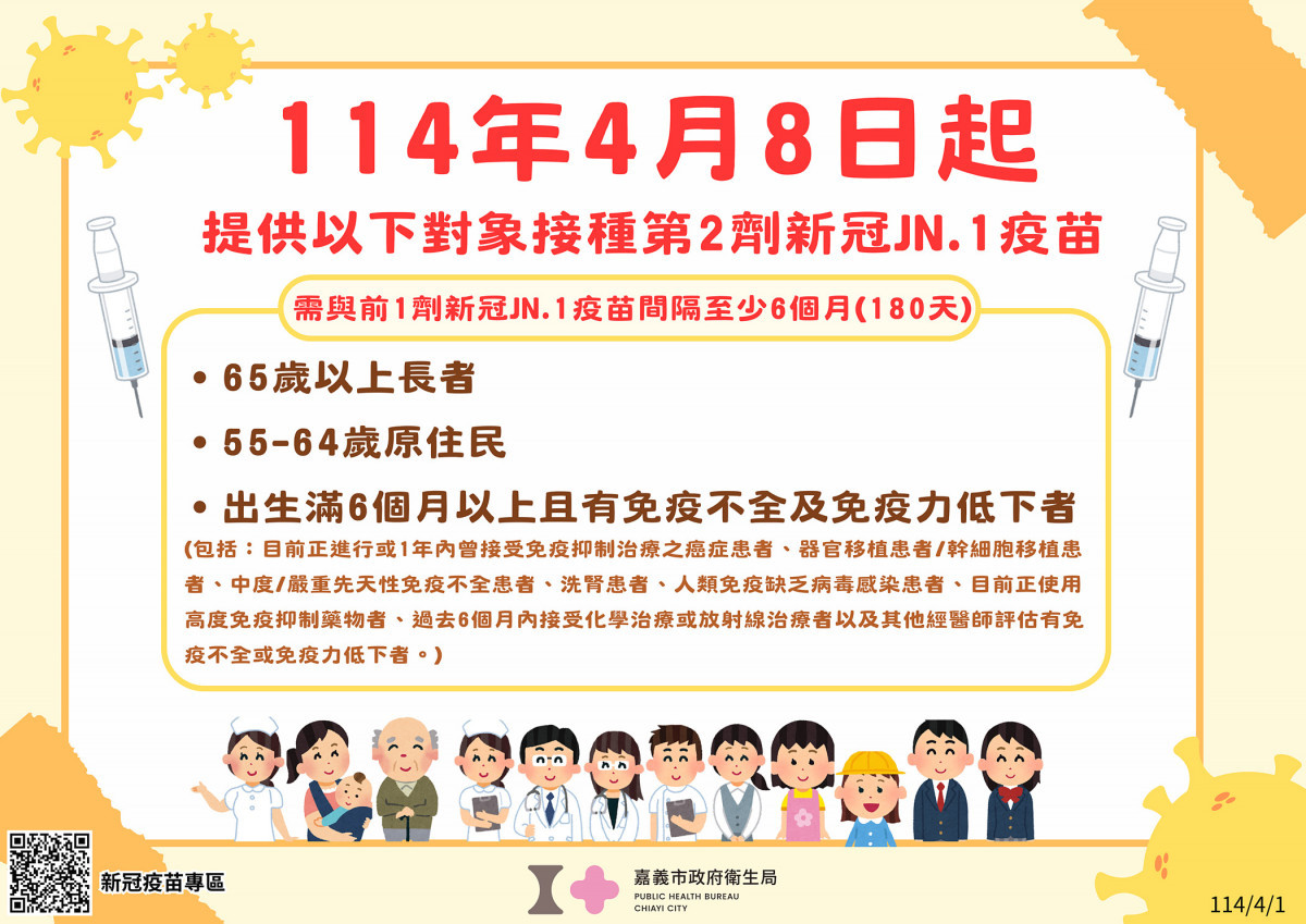 嘉義市政府衛生局於5月24日上午9-12時在東區體育館開設肺炎鏈球菌及新冠JN.1疫苗接種站／衛生局提供