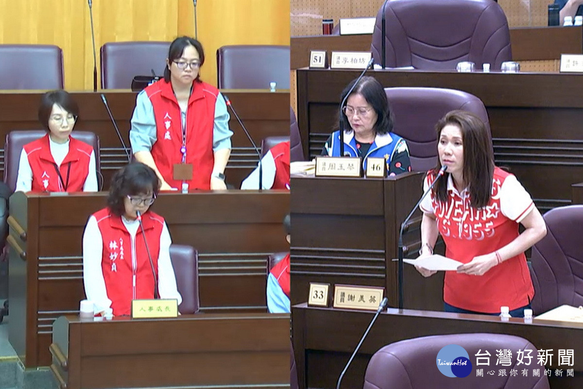 桃園市議員謝美英質詢市府人事處長林妙貞。<br />
