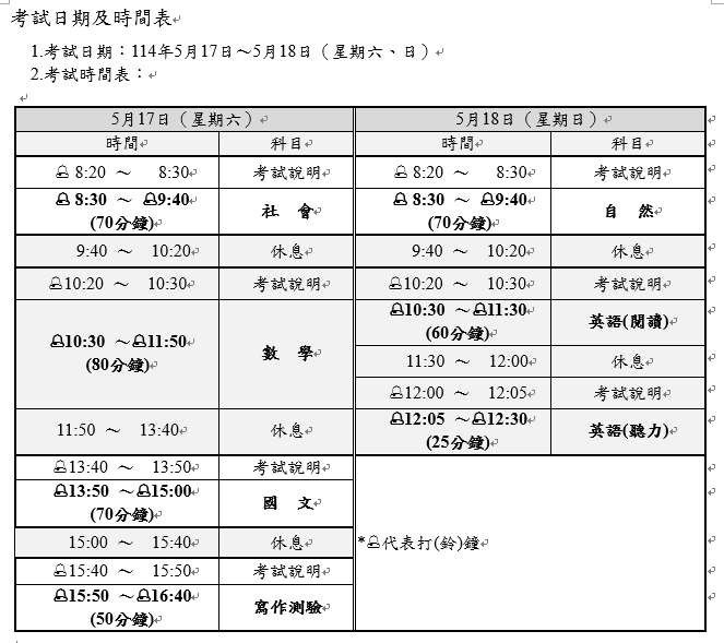 114年國中教育會考將於5月17日及18日(六、日)登場／翻攝照片