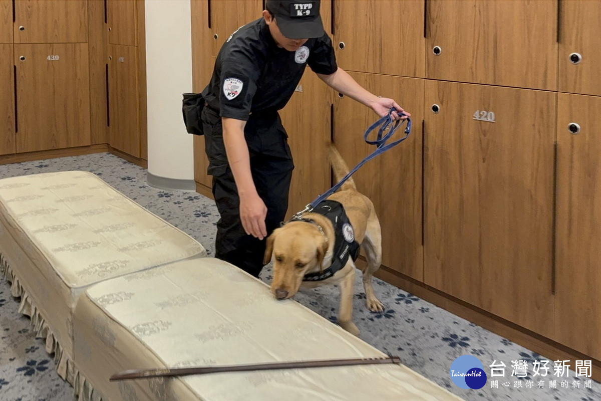 助世壯運高爾夫球安檢一臂之力，蘆竹警分局攜手警犬隊進行聯合安檢。