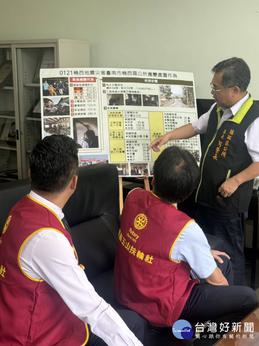 嘉義玉山扶輪社社長吳德揚及多位社友前往台南市楠西區公所關心0121楠西地震災害情況／陳致愷翻攝