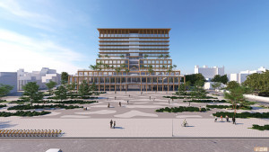 「嘉義市市民中心(北棟大樓)新建統包工程」5月9日順利決標，預計119年底完工。(完工模擬圖／嘉義市府提供)