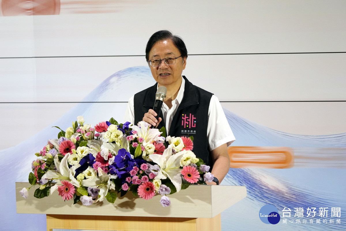 桃園市長張善政於「2025世界海洋日在桃園」展覽開幕式中致詞。<br />
