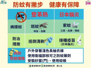 嘉義縣衛生局呼籲民眾落實防蚊、及早接種疫苗／嘉義縣府提供