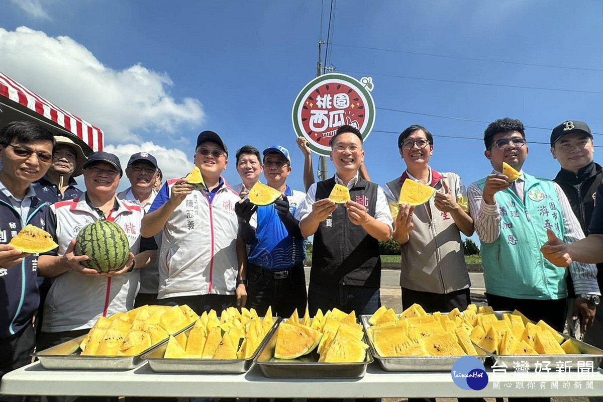 桃園市副市長蘇俊賓與來賓們大啖觀音西瓜。<br />
