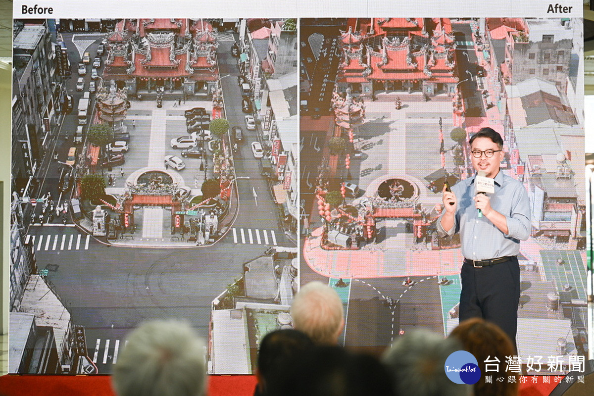 桃園市政府都發局長江南志進行「新民立體停車場公辦都更」簡報說明。<br />
