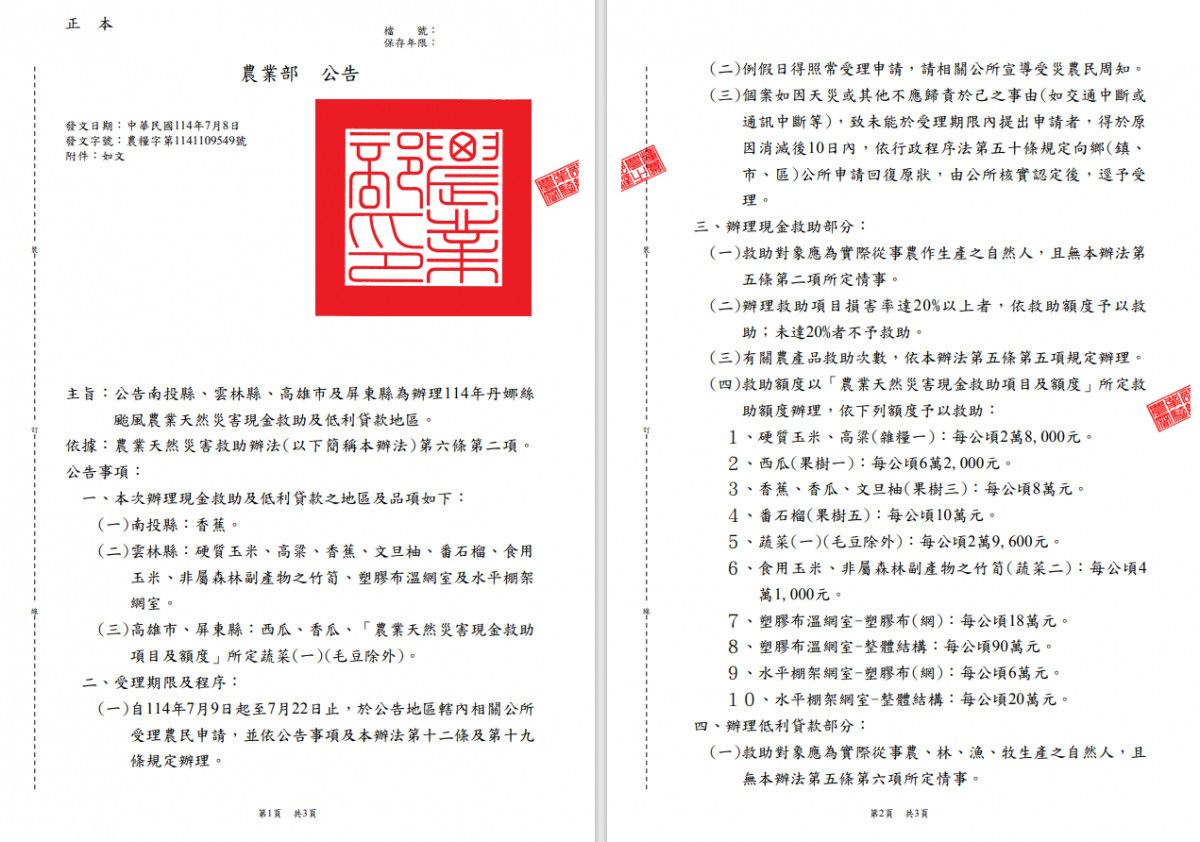 農業部公告雲林縣為辦理硬質玉米、高粱、香蕉、文旦柚、番石榴、食用 玉米、非屬森林副產物之竹筍、森林副產物之竹筍、塑膠布溫網室及水平棚架網室農業天然災害現金救助地區／翻攝照片