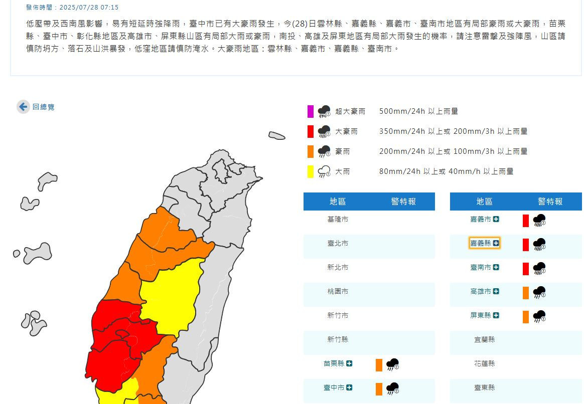 中央氣象署發布豪雨特報／翻攝照片