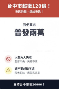 網上流傳「台中市政府超徵120億元應還稅於民」流言。圖／翻攝自Threads