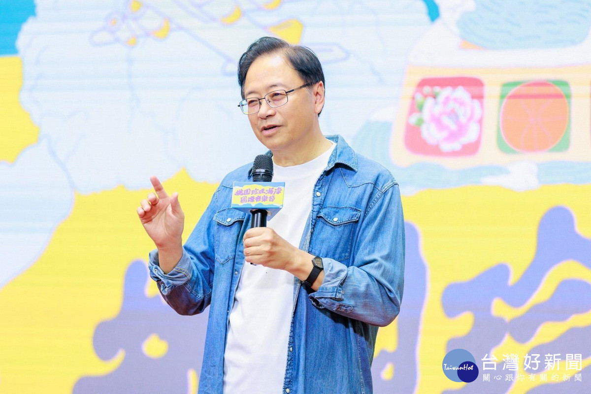 桃園市長張善政於「第一屆桃園珍珠海岸國際音樂節」記者會中致詞。<br />
