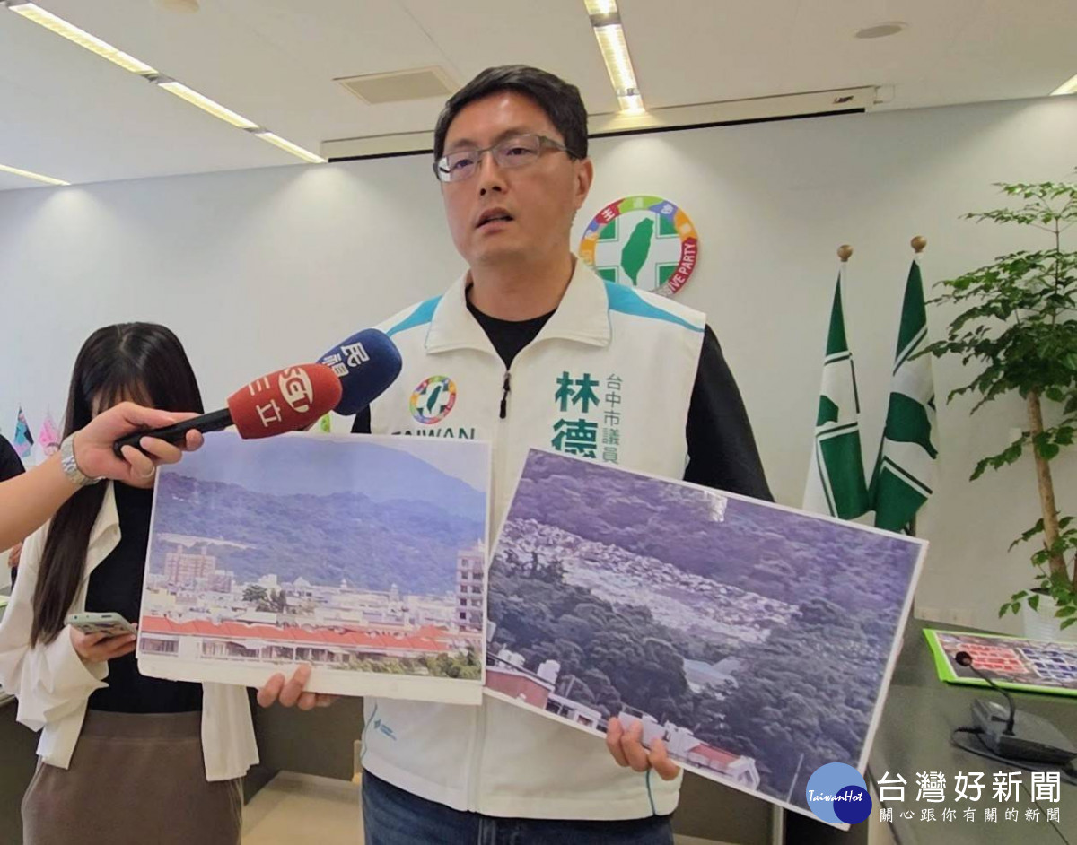 林德宇批大批垃圾從遠處眺往大里的山區，就可以看得到掩埋場的現地，很突兀明顯。