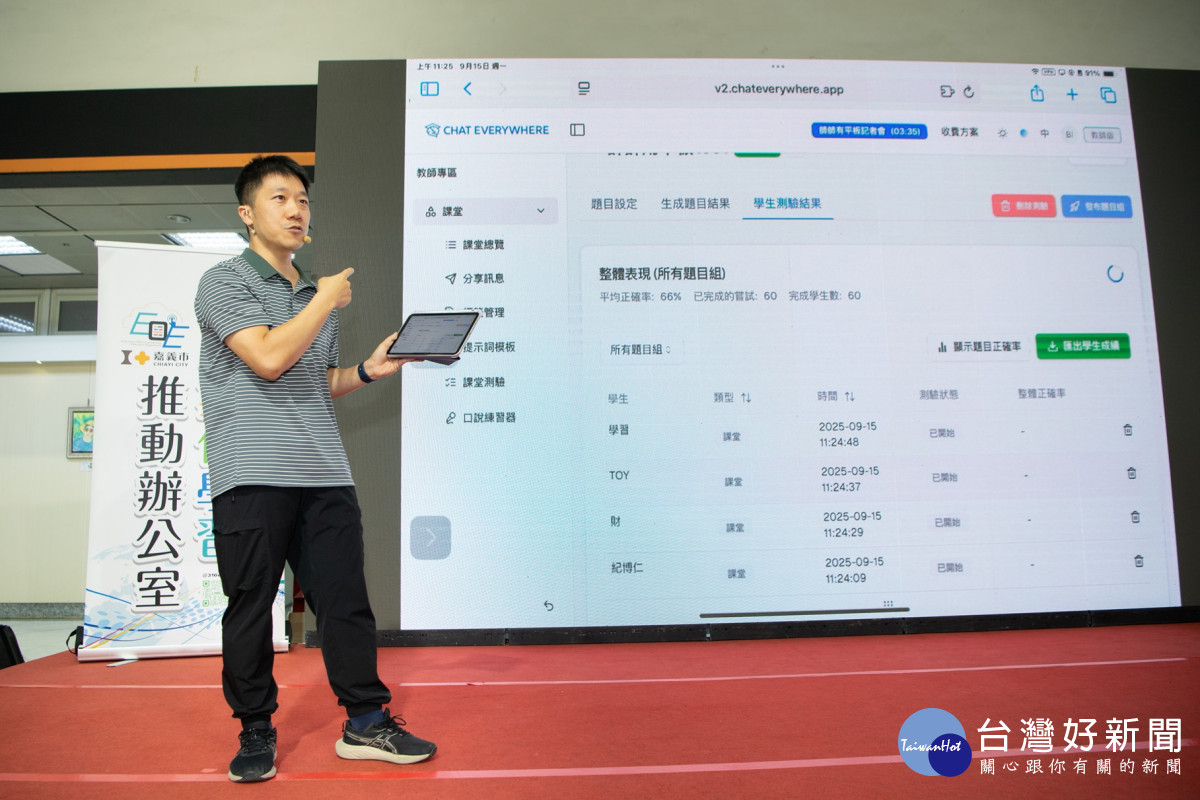 教師現場示範如何透過平板與學生互動教學／嘉義市府提供