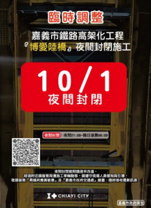 嘉義市博愛陸橋10/1夜間21時起封閉至翌日6時／嘉義市府提供