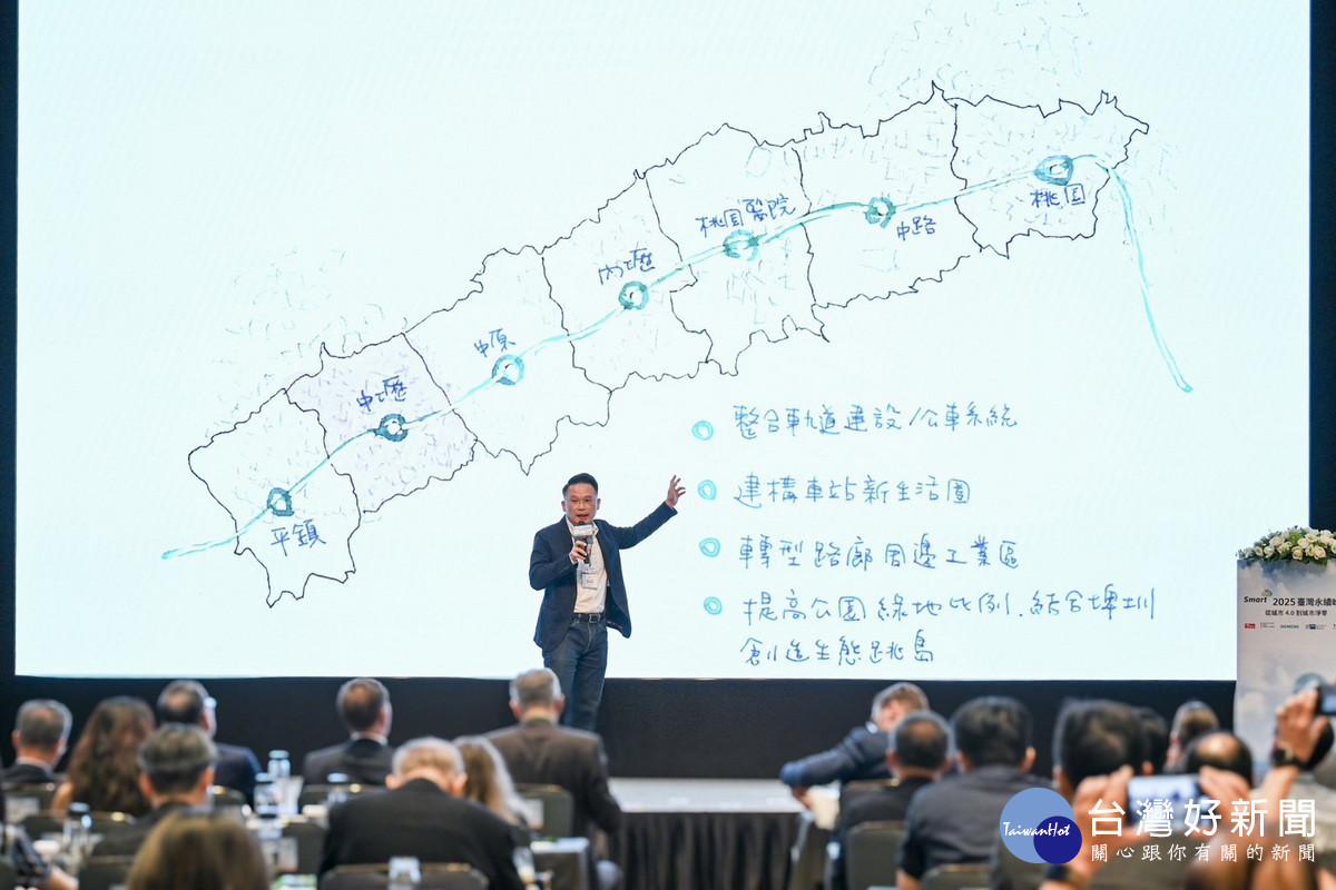 桃園市副市長蘇俊賓透過自己全手繪簡報，以圖像敘事方式，清晰呈現桃園邁向淨零城市的挑戰與智慧解方。
