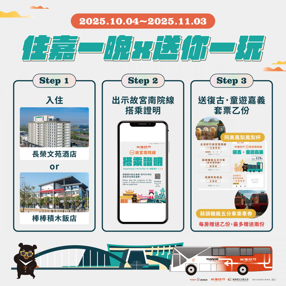 10月搭「台灣好行：故宮南院線」有機會獲得多項好禮／嘉義縣府提供