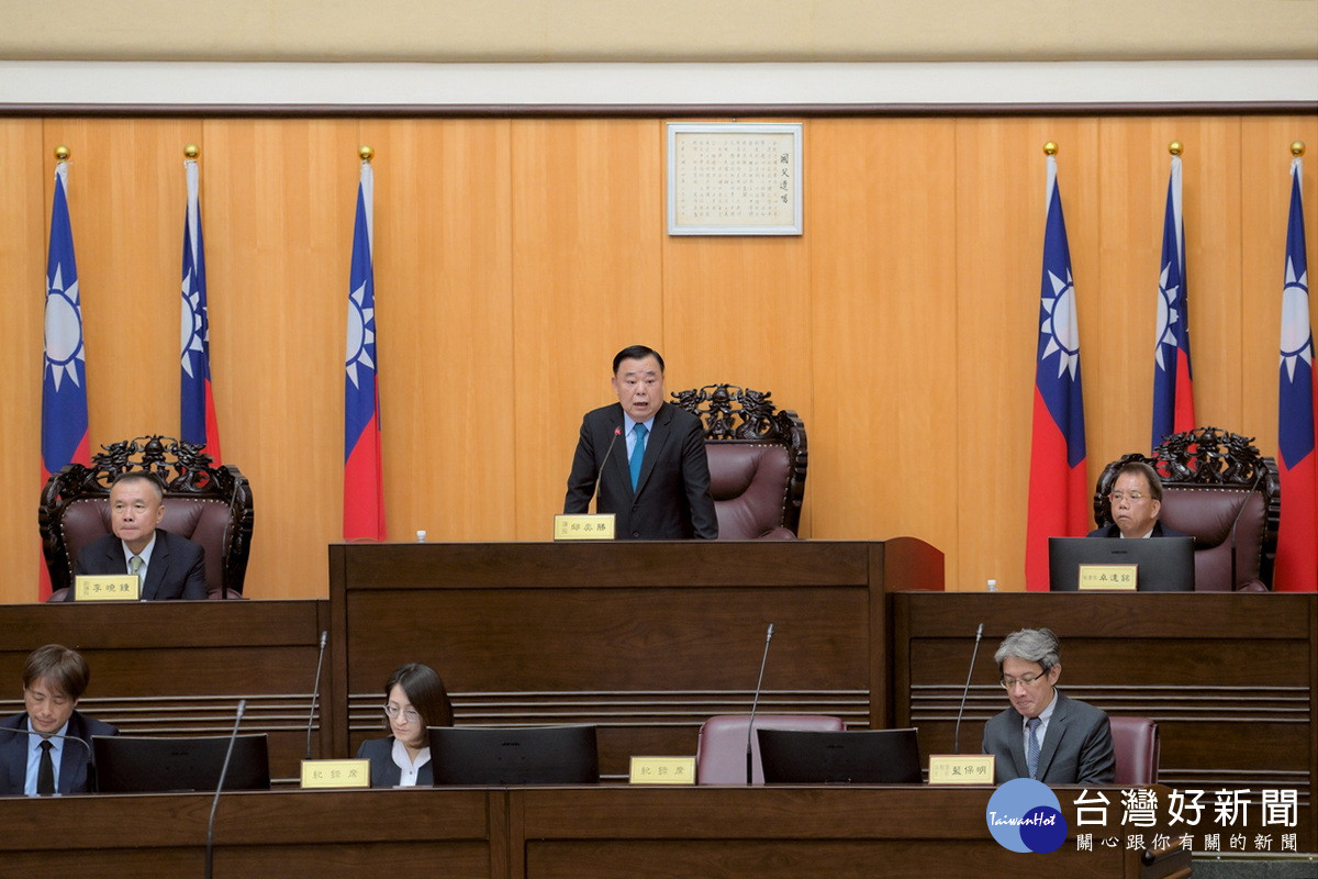 桃園市議會議長邱奕勝於開幕典禮中致詞。<br />
