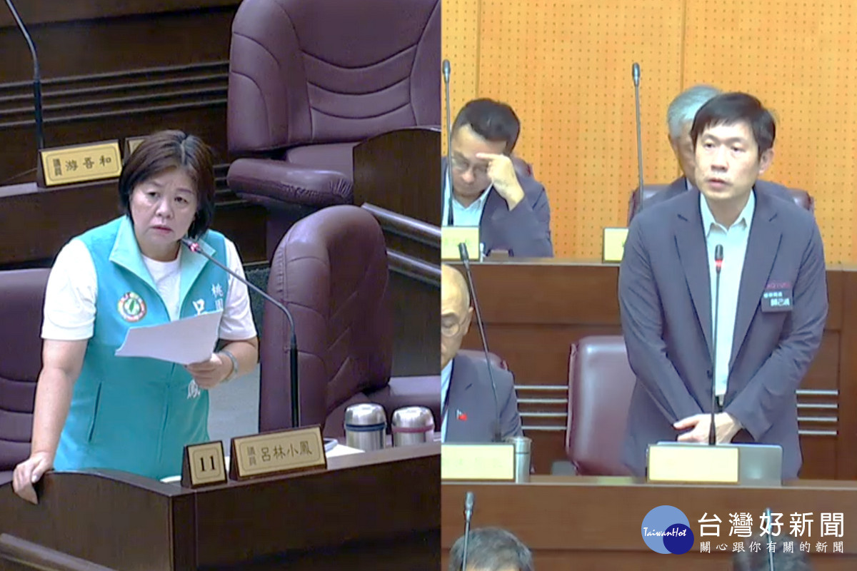針對垃圾隨袋徵收政策，桃園市議員呂林小鳳質詢環保局長顏己喨。