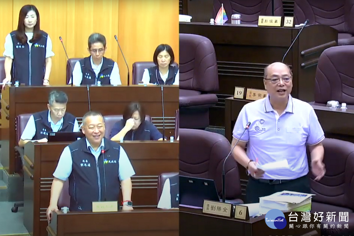 針對蘆竹11公墓遷葬事宜，桃園市議員劉勝全質詢民政局長劉思遠。<br />
