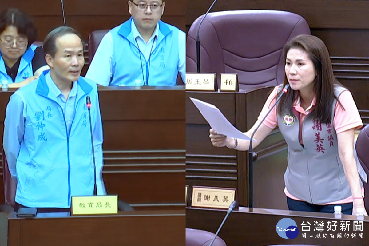 針對「生生喝鮮乳」政策，桃園市議員謝美英質詢教育局長劉仲成。<br />
