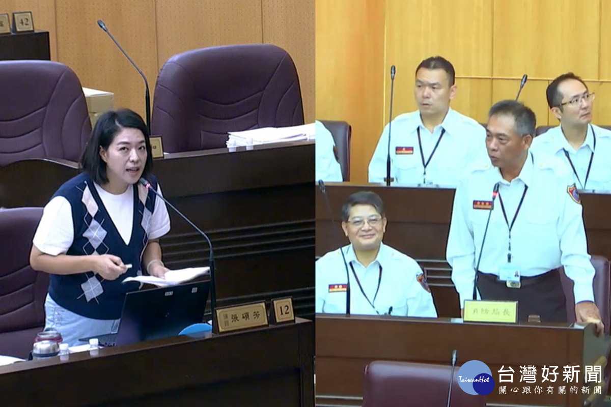 園市議員張碩芳質詢消防局長龔永信。<br />
