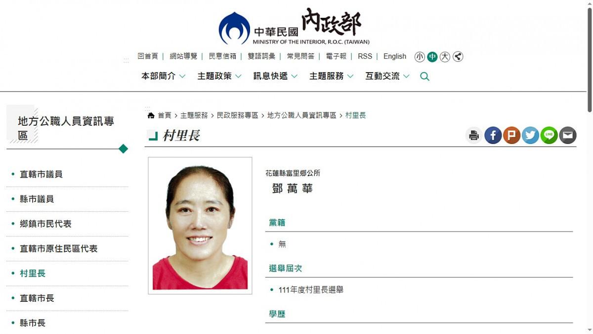 原花蓮縣富里鄉學田村村長鄧萬華。（圖／資料照片，圖源：翻攝自行政院內政部官網）