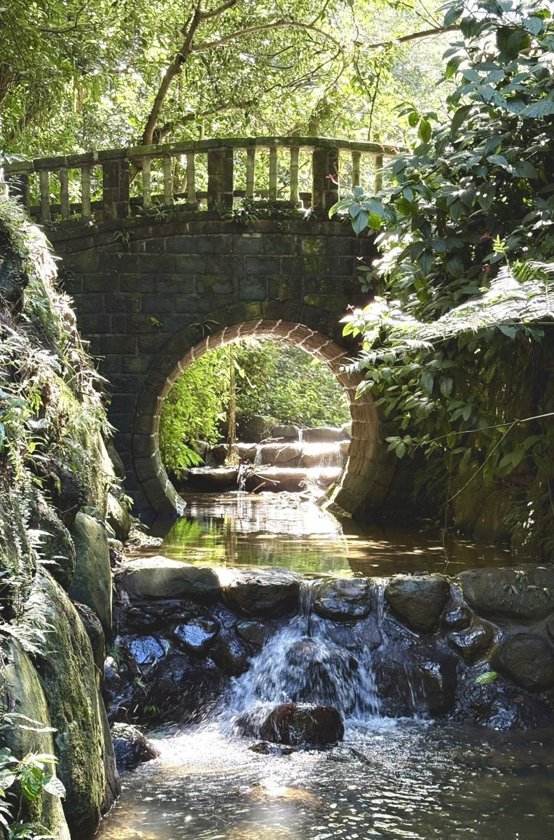 金光灑落古色古香砌石圓拱橋,溪水與光影交錯。(圖/北市大地處提供)