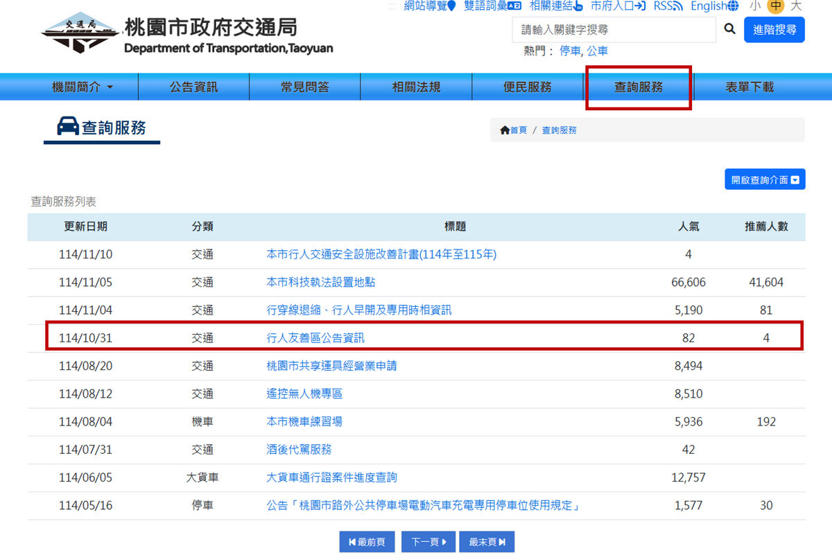 交通局網站-行人友善區公告資訊。
