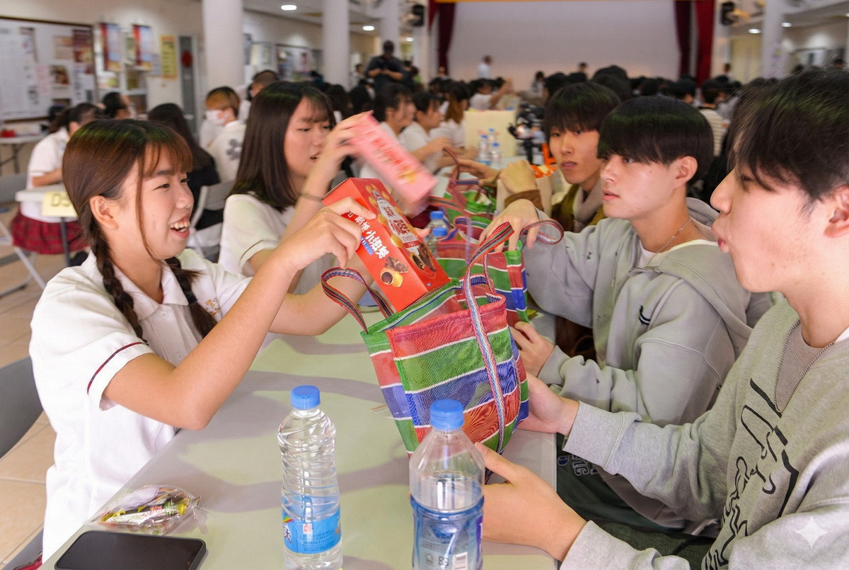 五育同學與日校同學相見歡交換禮物。(五育高中提供)