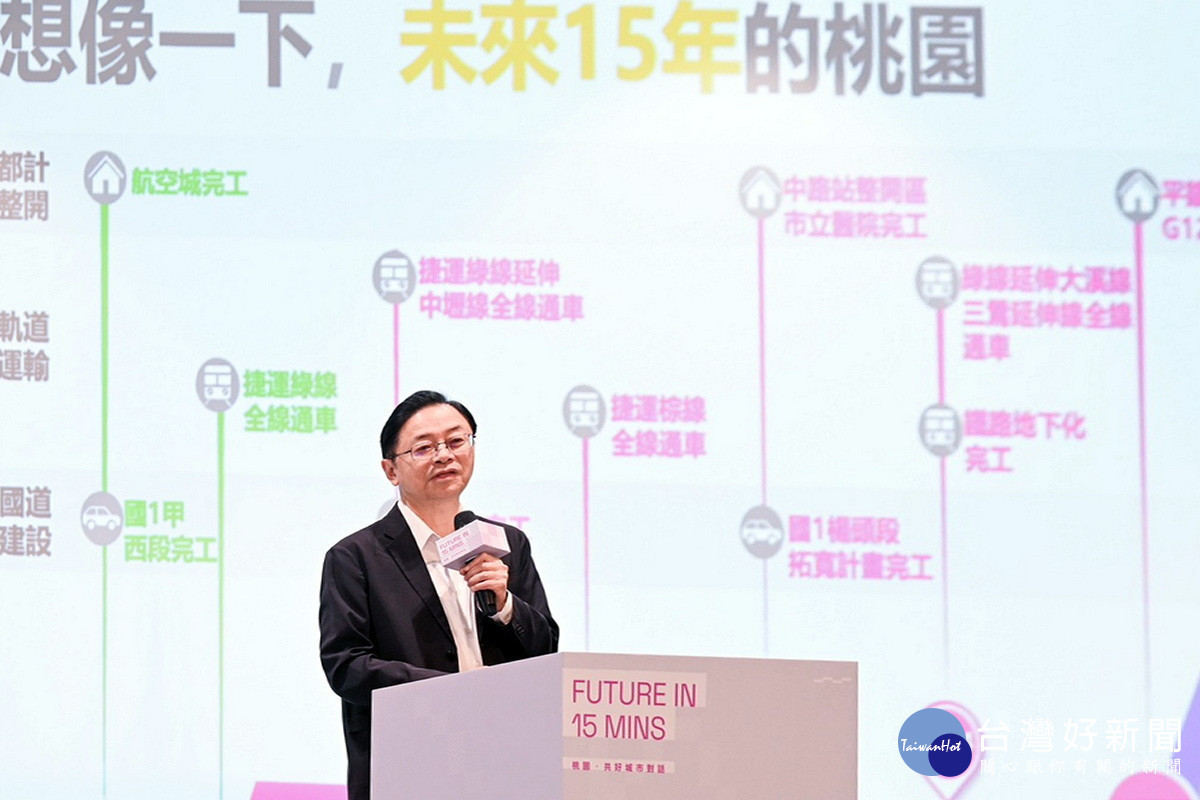 桃園市長張善政於「Future in 15 mins|桃園.共好城市對話」國際論壇中致詞。<br />