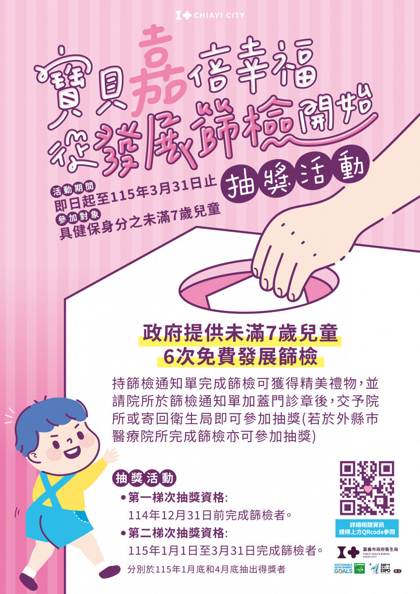 嘉義市府衛生局推出「寶貝嘉倍幸福 從發展篩檢開始」抽獎活動，鼓勵未滿7歲兒童完成免費發展篩檢／嘉義市府提供