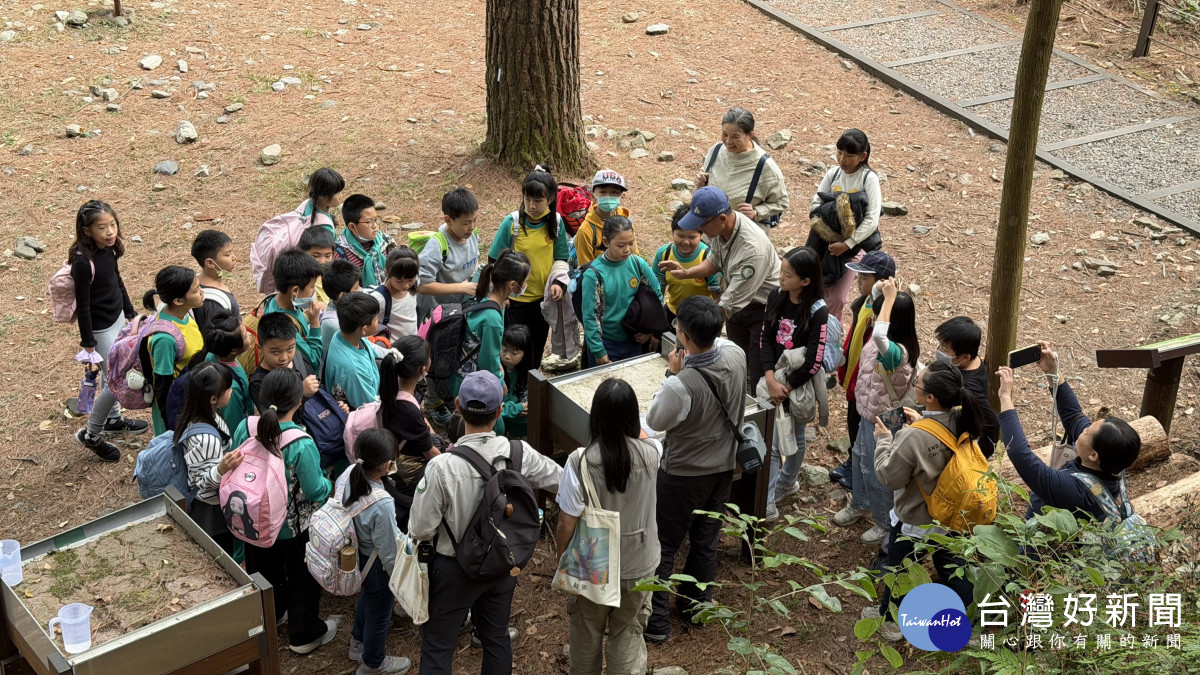 學生們走進林間,觀察森林底層的腐植質與土壤,並透過簡易的滲透實驗,親眼見證森林土壤如何像海綿一樣吸納雨水、涵養水源,孕育森林裡的無數生命。