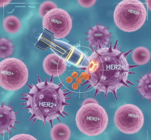 抗體藥物複合體精準攻擊帶有HER2表現的癌細胞。（示意圖，Gemini大語言模型製作)