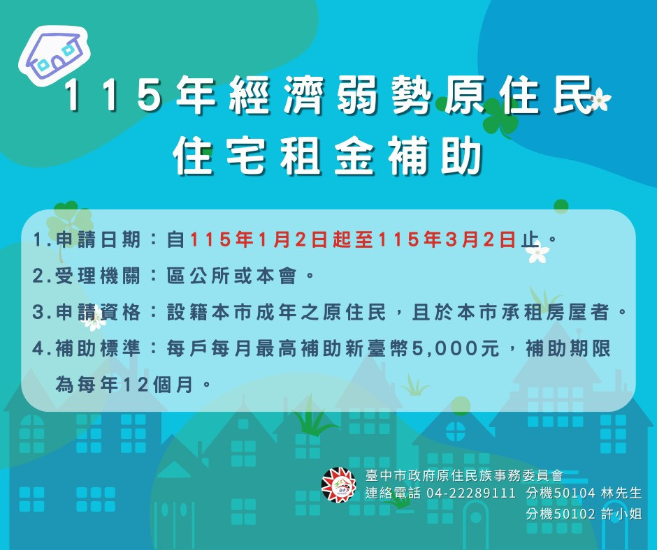 台中市府持續推動原住民族租金補助措施