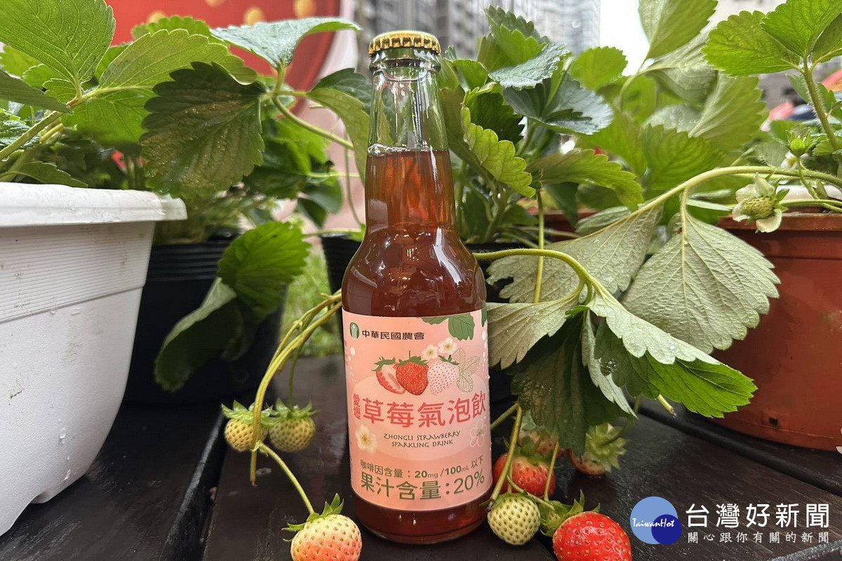 「114年桃園草莓食農聖誕市集」中的「草莓氣泡飲」新品，吸引民眾目光。