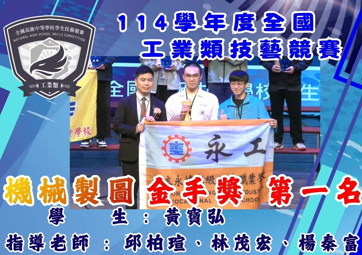 全國高級中等學校工業類技藝競賽　永靖高工勇奪四座金手獎兩優勝