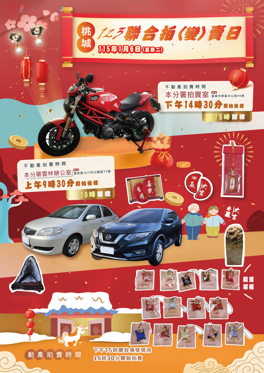 行政執行署嘉義分署115年第1次123擴大聯合拍賣會將於115年1月6日舉行,本次法拍物件品項多樣,歡迎民眾撿好康/行政執行署嘉義分署提供