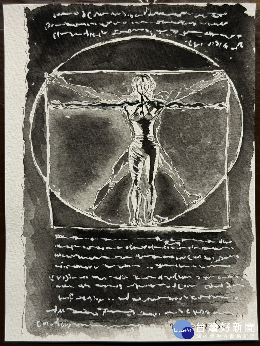 桃園市副市長蘇俊賓手繪「維特魯威人」致敬「台灣科技藝術教母」林珮淳「夏娃克隆系列：林珮淳的 AI 伊甸園」。<br />
