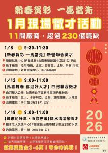 新營就業中心將於1月舉辦3場徵才活動，共邀集11間廠商，提供超過230個工作機會。