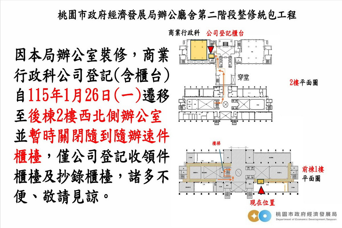 桃市府經發局商行科公司登記櫃檯搬遷公告圖。