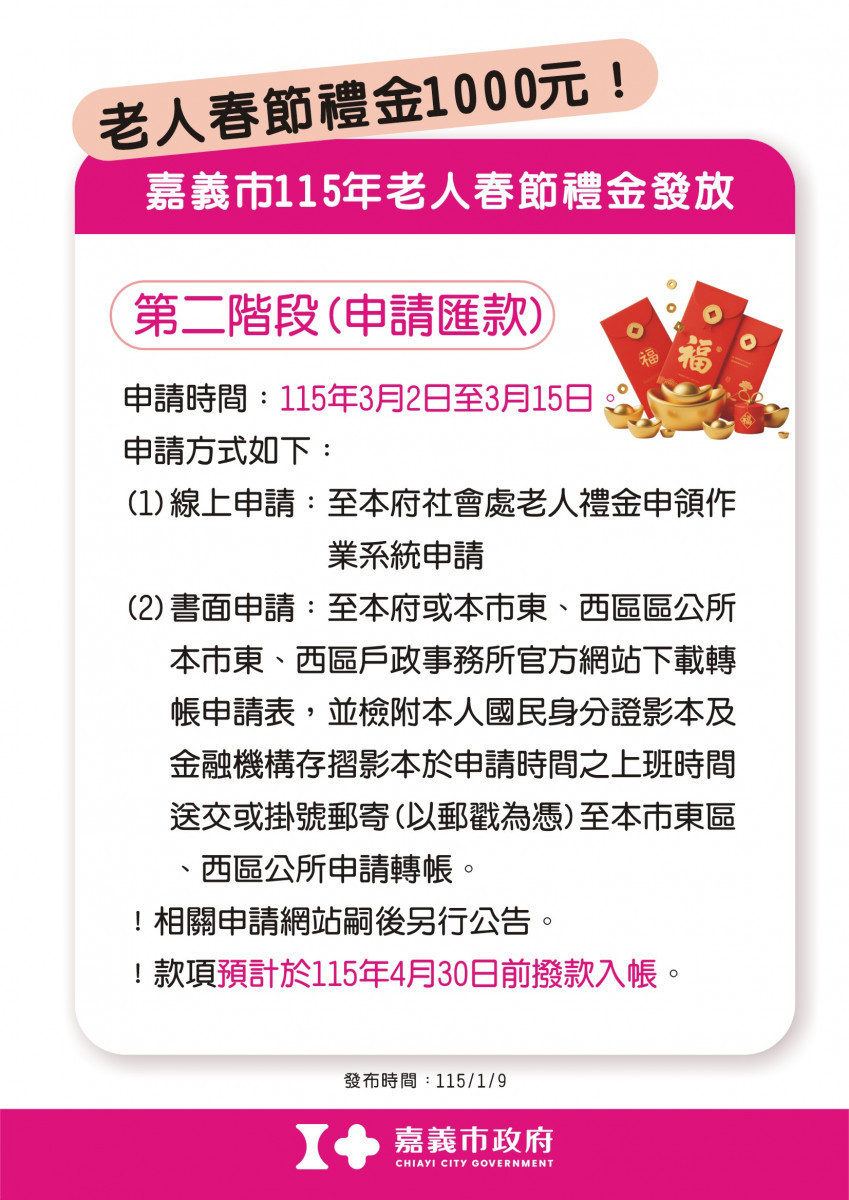 嘉義市府將於春節(農曆一月一日)前對年滿65歲以上市民，發放老人春節禮金／嘉義市府提供