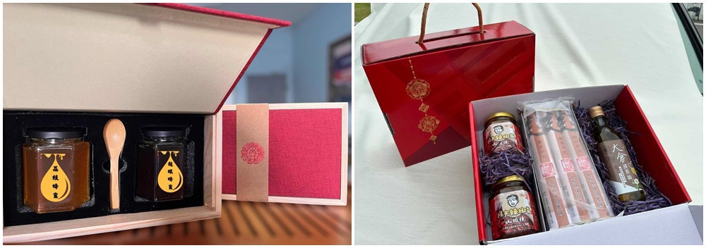 苗栗縣在地文化推廣協會「金蜜滿堂」禮盒。三義鄉雙潭農業文旅產業發展協會「茶油盈福麵」禮盒。