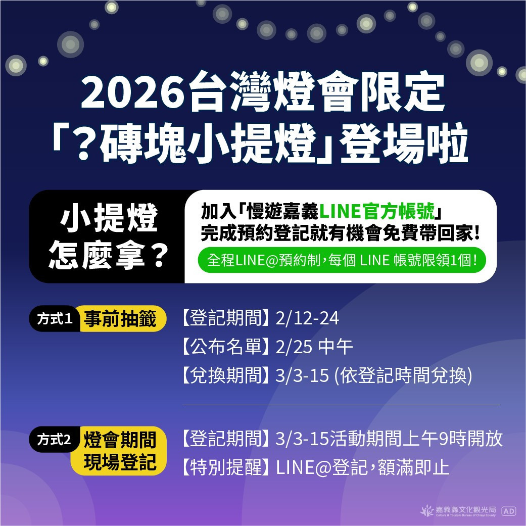 2026台灣燈會限量「磚塊小提燈」，民眾只要加入「慢遊嘉義LINE官方帳號（LINE@）」完成預約登記，就有機會免費獲得／嘉縣府提供