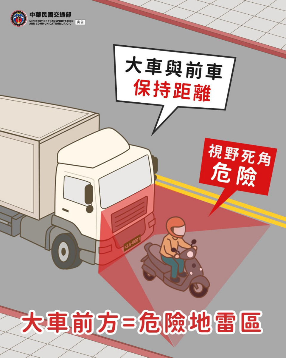 大型車前方就像地雷區一樣危險，駕駛請記得與前車保持安全距離。<br />
<br />
