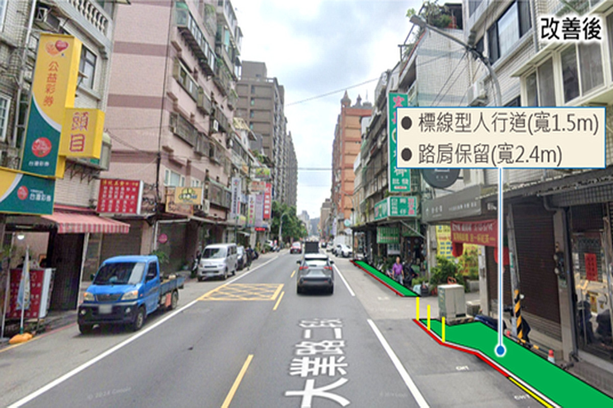 大業路二段(健行路~會稽國小後門巷口)標線人行道改善示意圖。<br />
