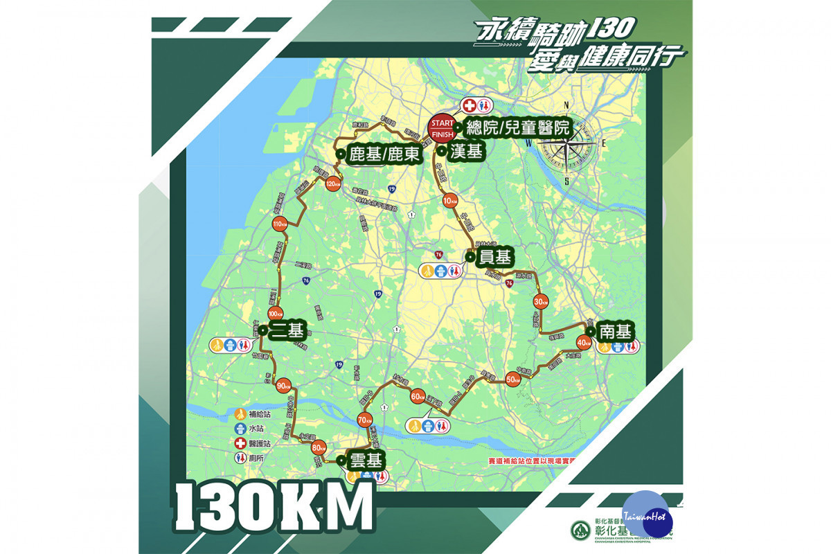 「永續騎跡 130」挑戰組路線長達 130 公里,由總院出發並串聯員基、南基、雲基、二基、鹿基及漢基等體系分院。圖/彰基醫院提供