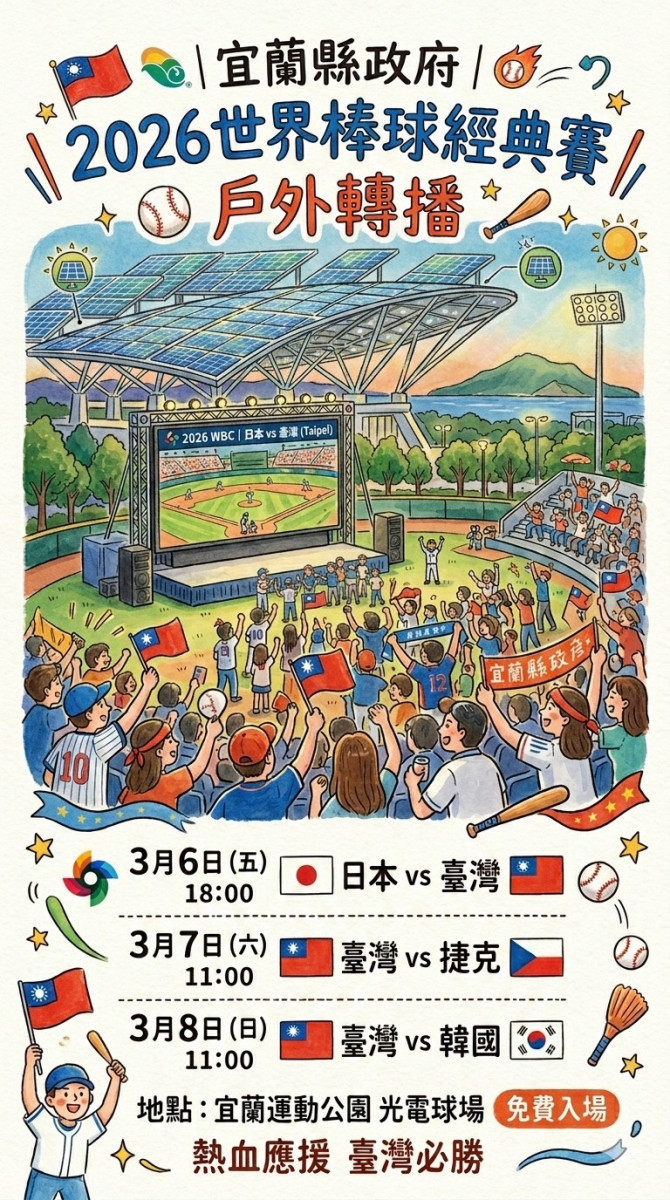 WBC世界棒球經典賽3/5開打　宜縣府光電球場架大螢幕直播揪大家挺中華隊